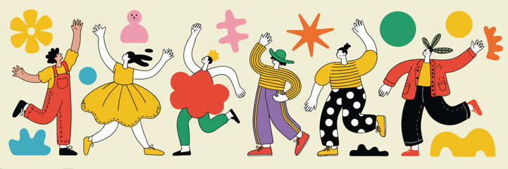 People in Various Poses and Geometric Shapes, Outline Characters, Colorful Abstract Figures, Different Moods and Positions, Hand-Drawn Vector Illustrations.