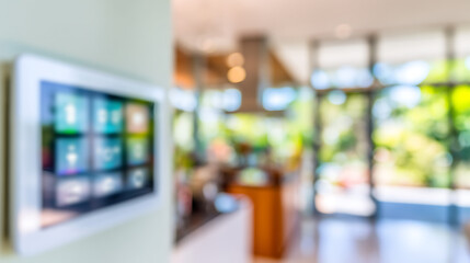 Blurred interior of a modern office space with a digital display on the wall and large windows letting in natural light