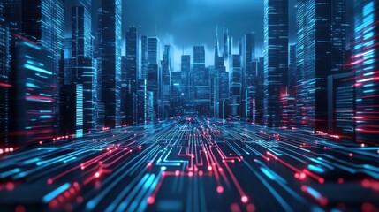 Futuristic Cityscape with Neon Lights and Digital Circuit Patterns