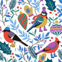 Christmas seamless pattern with cute design elements, Christmas tree toys, winter birds, fir tree and holly. Hand drawn vector illustration for wrapping paper and greeting cards