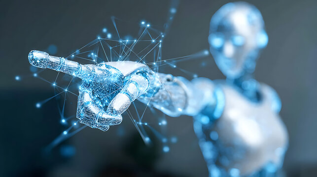 Robotic hand pointing with glowing network connections in a futuristic digital environment - Powered by Adobe