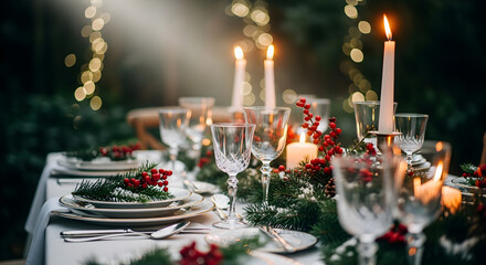 Christmas table setting, new year festive dining outdoors in a garden restaurant, christmas decorations, banquet, candles and lights, elegant table layout with fir tree branches and berries.