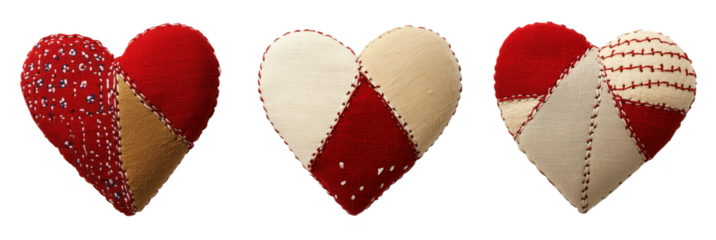 Colorful handmade heart-shaped pillows with patchwork design and embroidery details, minimal style PNG