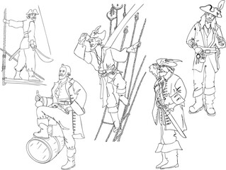 Set of pirates characters. Black and white illustration. Vector illustration.
