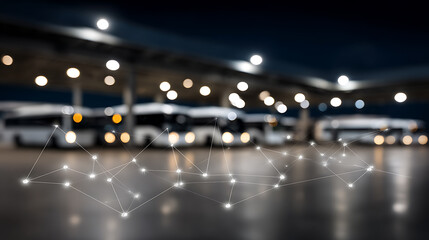 Network connections overlay on a blurred bus terminal at night