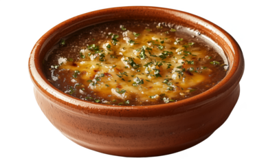 Delicious French onion soup topped with melted cheese and fresh herbs in clay bowl, isolated object