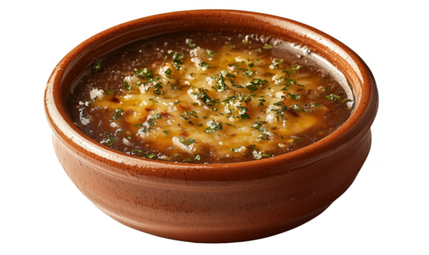 Delicious French onion soup topped with melted cheese and fresh herbs in clay bowl, isolated object