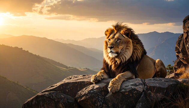Majestic lion atop mountain at sunset
