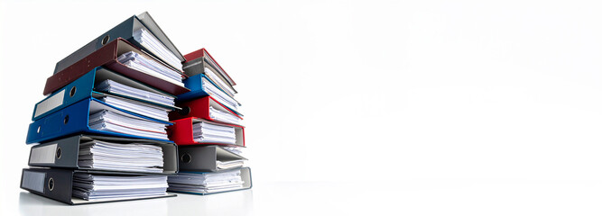 stack of black file folders full of documents against white background, space for your text