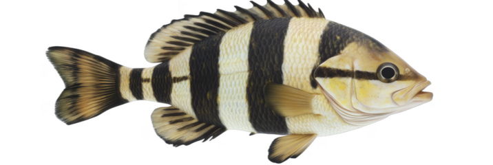 Striped fish with distinctive black and yellow pattern swimming gracefully, transparent PNG image