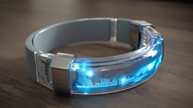 Futuristic wearable device with illuminated blue display and transparent band on wooden surface