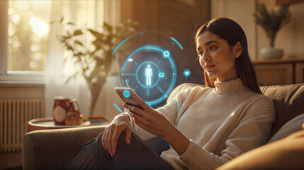 Woman using smartphone with futuristic interface at home