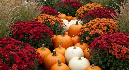 An autumnal display of orange and white pumpkins interspersed with red and orange chrysanthemum bushes and tall, dry grass.