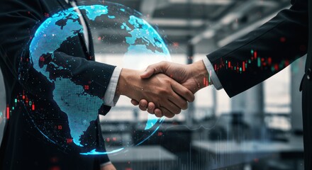 Handshake with a globe overlay representing international business or global partnership.