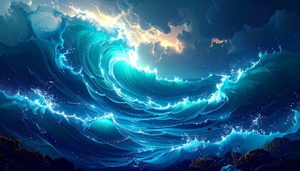 Epic turquoise waves crashing against a dark horizon