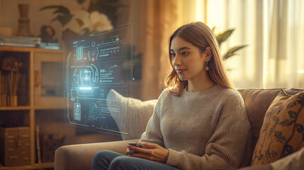 Woman using futuristic interface at home