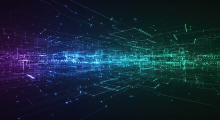 Fototapeta premium Abstract dark background with blue green and purple light lines and squares.