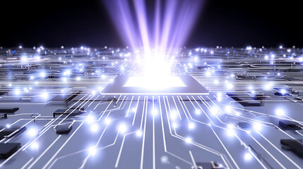 Futuristic circuit board with glowing pathways and central light burst