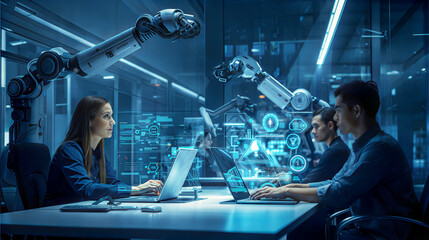 Engineers working on robotics and AI in a modern tech lab.