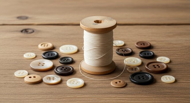 A wooden spool of thread and an assortment of round buttons in various natural and dark tones are scattered across a textured wooden surface - Powered by Adobe