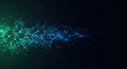 Abstract network of connected dots and lines with green and blue gradient.