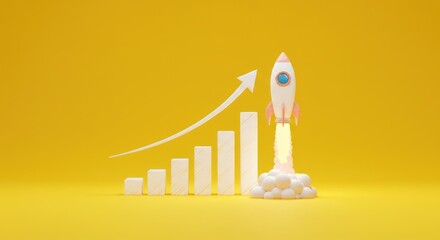 Rocket taking off with graph showing growth on yellow background.