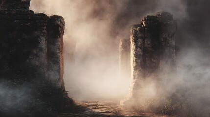Ancient stone temple ruins enveloped in thick mystical fog with an ethereal glow