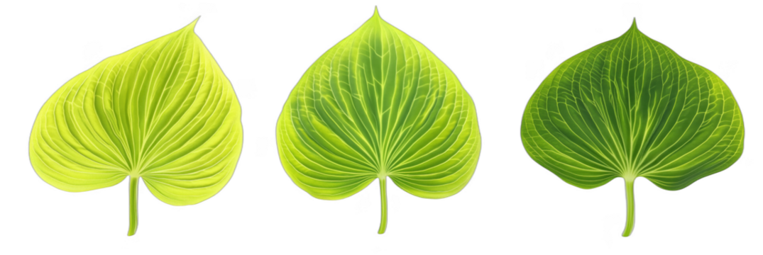 Three vibrant leaves showcasing gradient colors from light green to dark green, transparent PNG image - Powered by Adobe