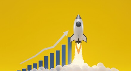 Rocket launching above bar graph with upward trend line on yellow background.