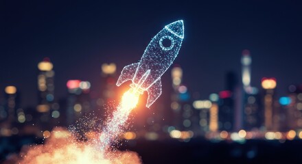 Digital rocket launches against city skyline representing innovation technology and future.