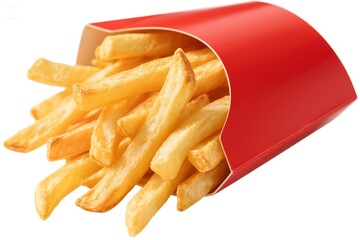 Crispy golden french fries isolated on white background are spilling out of a red carton, tempting viewers with their salty and delicious appeal