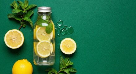 A glass bottle of infused water with lemon slices and mint leaves sits on a dark green background, surrounded by lemons and ice cubes.
