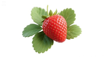 A single, ripe strawberry with vibrant green leaves is isolated on white background, showcasing its freshness and natural beauty
