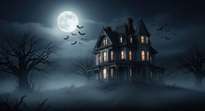Spooky Haunted House Under Full Moon
