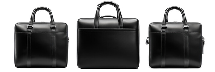 Stylish black leather briefcase with multiple angles showcasing design and functionality, isolated on transparent background