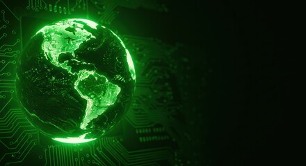 Green globe on circuit board pattern against a dark background.