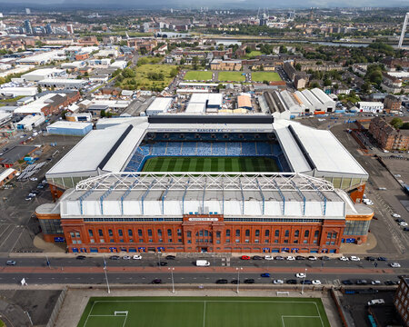 An aerial view of Ibrox Stadium, home of Glasgow Rangers FC in Strathclyde, Scotland