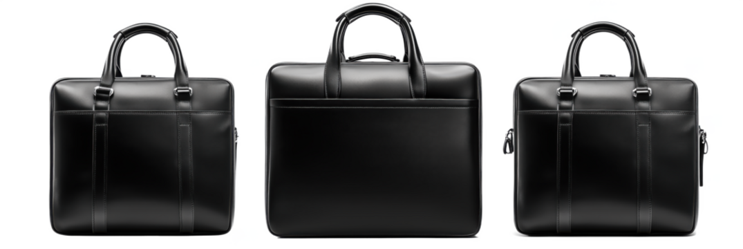 Stylish black leather briefcase with multiple angles showcasing design and functionality, isolated on transparent background