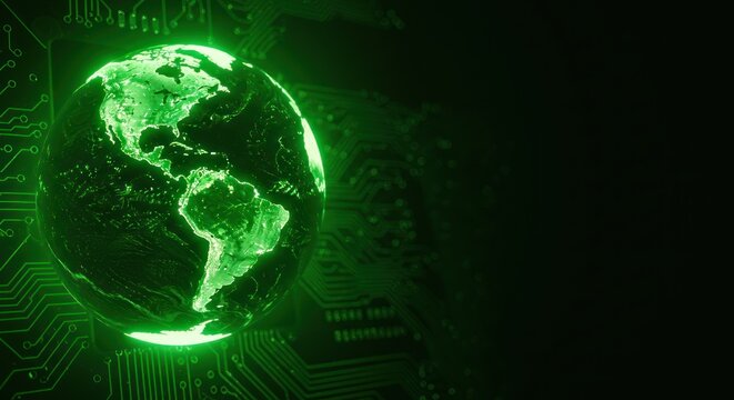 Green globe on circuit board pattern against a dark background.