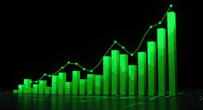 Green bar graph with a line showing upward trend on a black background. - Powered by Adobe