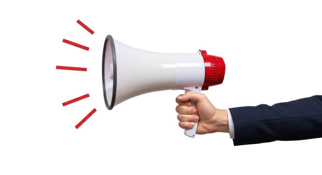 Hand holding a white and red megaphone with sound waves on white background.