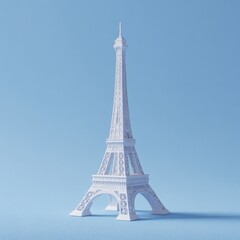 White miniature model of the Eiffel Tower on a solid light blue background