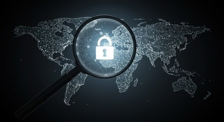 Padlock security symbol on world map seen through magnifying glass dark background.