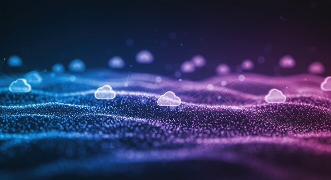 Abstract digital landscape with floating cloud icons in blue and pink gradient.