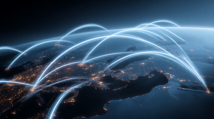 Global network connections over illuminated Earth at night