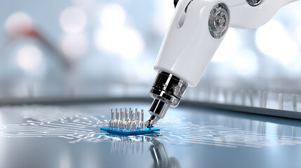 Robotic arm assembling microcomponents on a circuit board in a high-tech manufacturing environment