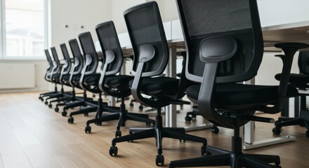 Row of black office chairs in a bright room with a long table.
