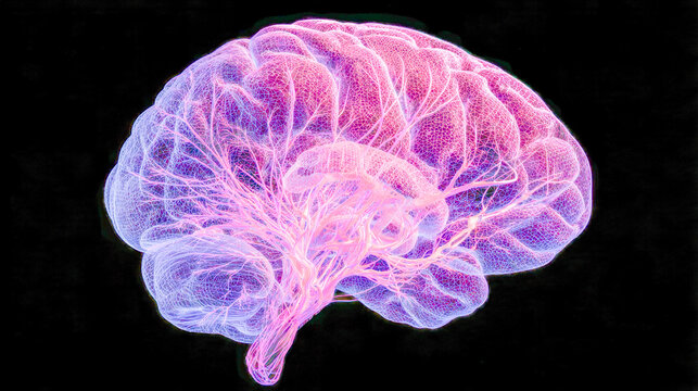 Detailed 3d digital visualization of human brain neural network highlighting intricate pathways and structures with glowing pink and purple tones on black background