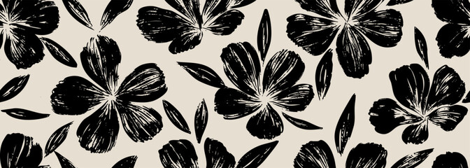 Leaves branch and Hand Drawn doodle Scribble floral plants banner, seamless pattern. Creative minimalist Abstract art background. Design wall decoration, postcard, poster or brochure