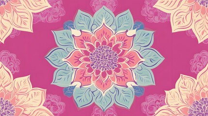 A vibrant floral pattern design features symmetrical mandala blossoms in soft pinks, peaches, and muted greens, arranged on a rich magenta background.